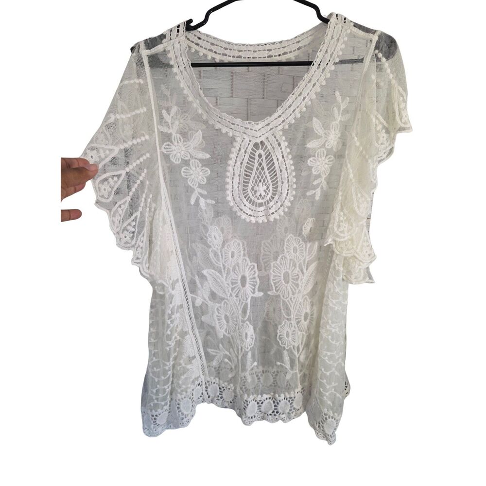 Off White Floral Lace Boho Blouse Flutter Sleeve Sheer Crochet Top